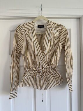 Robert Rodriguez Tan and White Striped Wrap Peplum Blouse